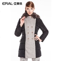ERAL/艾莱依冬季双排扣拼接长袖修身英伦羽绒服女大衣6043C