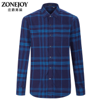 庄爵秋季新款纯棉长袖衬衫男士休闲商务翻领青年韩版修身格子衬衣