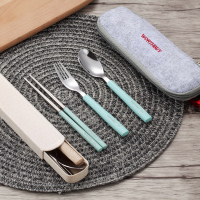 304便携餐具不锈钢勺子筷子叉子套装三件套学生儿童盒子长柄式