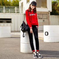 萝娜公主(LUONAGONGZHU)秋季新款韩版休闲刺绣金丝绒连帽螺纹拼接运动服收口裤束脚裤两件套套装女