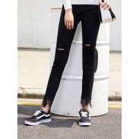 萝娜公主(LUONAGONGZHU)秋季新款韩版街头风通勤百搭修身显瘦破洞蕾丝拼接牛仔裤女裤