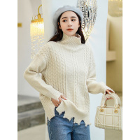 萝娜公主(LUONAGONGZHU)秋冬季新款加厚宽松休闲圆领短款套头下边毛边纯色针织毛衣女