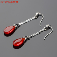 石头记花语红玛瑙耳环女 耳钉耳饰情人节耳坠 银长款简约耳线