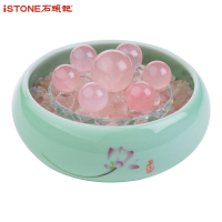 石头记天然粉水晶黑曜石聚宝盆七星阵摆件客厅办公室摆件家居饰品