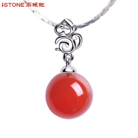 石头记十二生肖猴东陵玉红玛瑙京白玉吊坠 银锁骨链项链女