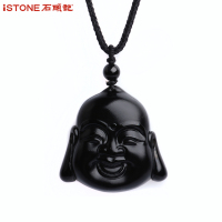 石头记天然黑曜石玉面佛项链吊坠男士玉坠玉佛挂件饰品弥勒佛笑佛