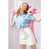 【粉红豹】森马2019夏季新款牛仔短袖衬衫纯棉翻领刺绣少女外套