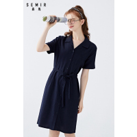 森马连衣裙女2020春季新款文艺绑带麻质翻领衬衫裙短袖优雅OL女装