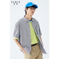 森马短袖衬衫男夏天韩版竖条纹衬衣夏季新款刺绣学生纯棉男士寸衫