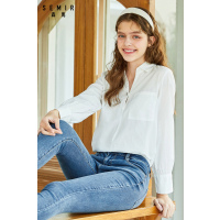 森马长袖衬衫女2020春季V领网红韩版衬衣宽松纯棉女士心机白衬衫