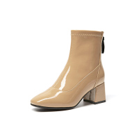 华耐2018冬季新款袜靴女春秋漆皮短靴中跟粗跟后拉链加绒马丁靴子