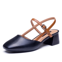 华耐2019春夏新款后空一字扣中空凉鞋女粗跟中跟方头包头百搭单鞋