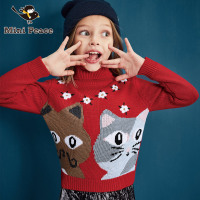 Mini Peace太平鸟童装女童毛衫高领卡通猫咪套头秋冬保暖儿童上衣休闲针织衫秋冬季