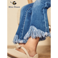 minipeace太平鸟童装 女童针织牛仔裤流苏洋气儿童质感浅色长裤