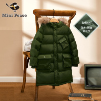 太平鸟童装男童羽绒服长款90白鸭绒中大童儿童毛领军绿外套冬季
