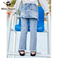 minipeace女童假两件牛仔长裤春季女童洋气裤子休闲破洞设计
