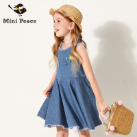 minipeace女童针织牛仔连衣裙毛边设计百褶裙摆儿童裙子夏装