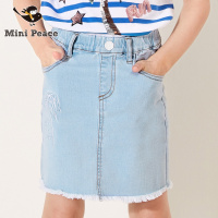 minipeace太平鸟童装女童针织牛仔短裙浅色毛边半身裙夏装