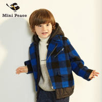 太平鸟童装男童大衣蓝黑格子拼接连帽厚外套秋冬装新款