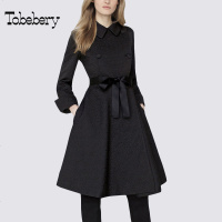 tobebery2018秋冬新款欧美女装黑色长袖修身显瘦双排扣外套中长款