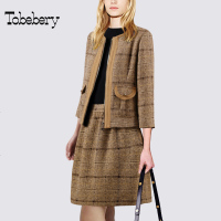 tobebery小香风毛呢套装两件套2018秋冬新款时尚七分袖外套短半裙