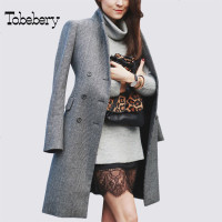 tobebery复古格子毛呢外套女中长款2018新款秋冬季收腰呢子大衣
