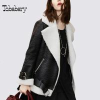 tobebery毛呢大衣2018新款机车服女秋冬季羊羔毛皮毛一体外套加厚