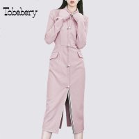 tobebery2018chic早秋裙收腰衬衣新款单排扣开叉长裙连衣裙女气质