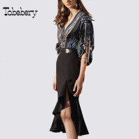 tobebery2018欧洲站秋季新款气质套装裙V领上衣鱼尾半身裙时尚