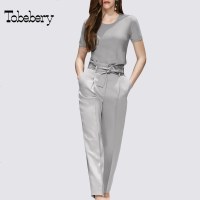 tobebery欧美2018夏季新款OL通勤套装短袖修身T恤长裤两件套气质