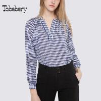 tobebery欧洲站秋季时尚格纹长袖T恤气质v领女装上衣2018新款潮