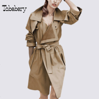 tobebery卡其色风衣女秋装2018新款简约英伦工装风衣外套女中长款