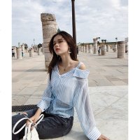 谜秀两件套衬衫女2018秋装新款韩版宽松雪纺条纹衬衫+吊带背心潮