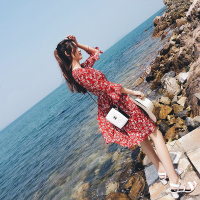 谜秀2018韩版夏装新款雪纺碎花连衣裙女韩版红色气质印花裙子女