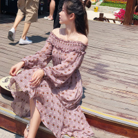 谜秀连衣裙女韩版修身复古一字肩中长款格子裙子夏装潮