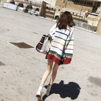 谜秀毛衣外套女2018秋装新款宽松彩虹条纹网红针织开衫女chic上衣