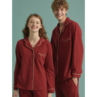 歌瑞尔时尚简约情侣睡衣纯棉秋季男女红色长袖家居服套装19126HL