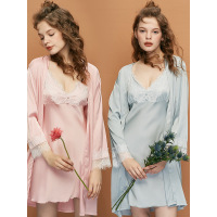 歌瑞尔新款甜美蕾丝性感吊带长袖睡裙女士两件套睡衣睡袍HWD19130