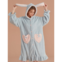 歌瑞尔秋冬甜美兔耳朵连帽睡衣睡袍舒适法兰绒女士家居服19045HH