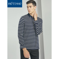 红豆旗下高端品牌轩帝尼(HETINNE)男装春秋季男士T恤轻奢商务男装撞色时尚翻领长袖T恤男