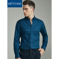 红豆旗下高端品牌轩帝尼(HETINNE)男装春秋季男士衬衫轻奢商务男装格纹羊毛混纺长袖衬衫男
