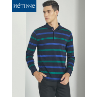 红豆旗下高端品牌轩帝尼(HETINNE)男装2019秋季新款男士T恤商务休闲条纹翻领长袖T恤男