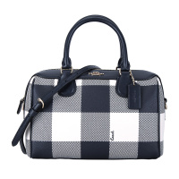 COACH 蔻驰 奢侈品 女士藏青格子皮质手提肩背斜挎桶包