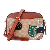 COACH 蔻驰 奢侈品 女士女生专柜款卡其棕色人造革配皮单肩斜挎包