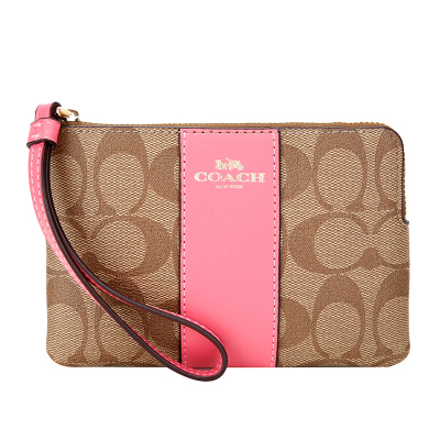 COACH 蔻驰 奢侈品 女士女生卡其配桃红色人造革短款手拿包零钱包