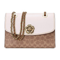 COACH蔻驰女包奢侈品专柜款parker山茶花系列皮革单肩斜挎链条包 卡其白色30585 B4/HA