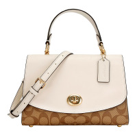 COACH 蔻驰 奢侈品 女士米色拼色人造革配皮手提单肩斜挎包女