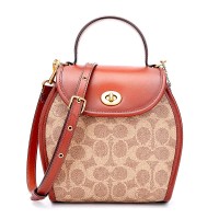 蔻驰 COACH 女士专柜款人造革配皮手提单肩斜挎包棕红拼色小号 142 B4NQ4