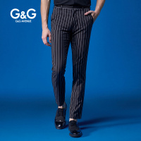 G＆G 男士竖条纹休闲裤男夏季新款修身薄款商务小脚弹力黑色裤子