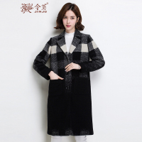 金菊女装2018冬季新款双面呢大衣纯羊毛毛呢大衣女中长款羊毛呢外套格子拼接呢大衣女黑色